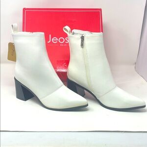 Jeossy Milan White Black Block Heel Pointed Toe Ankle Boots Size 9